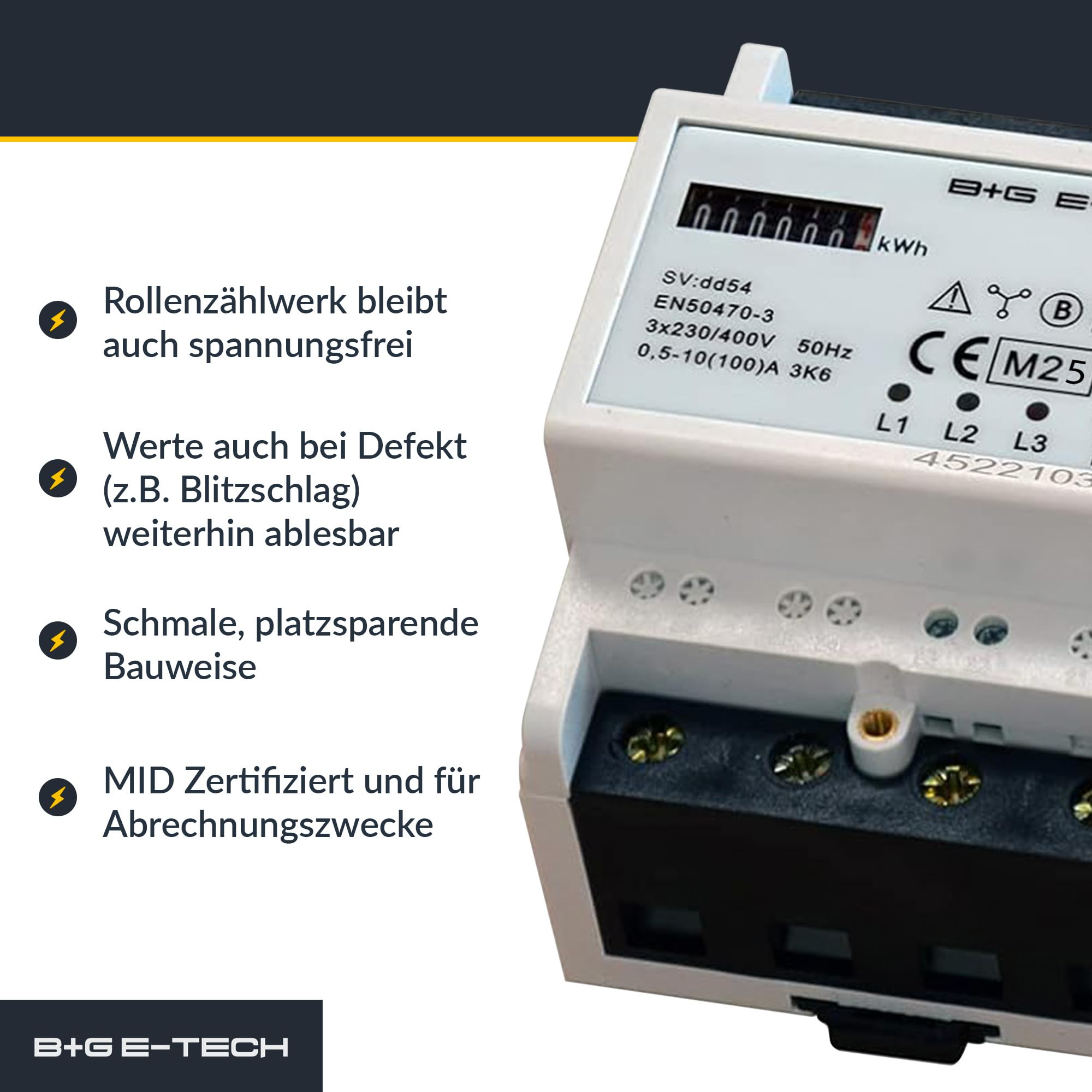 3-Phasen-Digitaler Drehstromzähler [DRT430A - MID 26] mit mechanischem Rollenzählwerk, MID-zertifiziert, Direktmessung bis 100A, 400V, S0-Impulsausgang, DIN-Schienenmontage