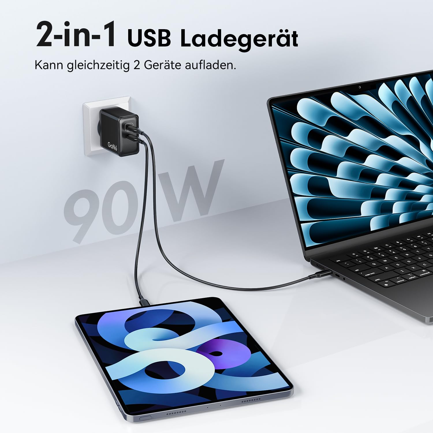 HSSNS 90W USB C Ladegerät, 2-Pack 2 Port Schnellladegerät mit Kabel, GaN PD Charger für iPhone 17/16/15 Series, MacBook Pro, iPad, Galaxy, Pixel und mehr