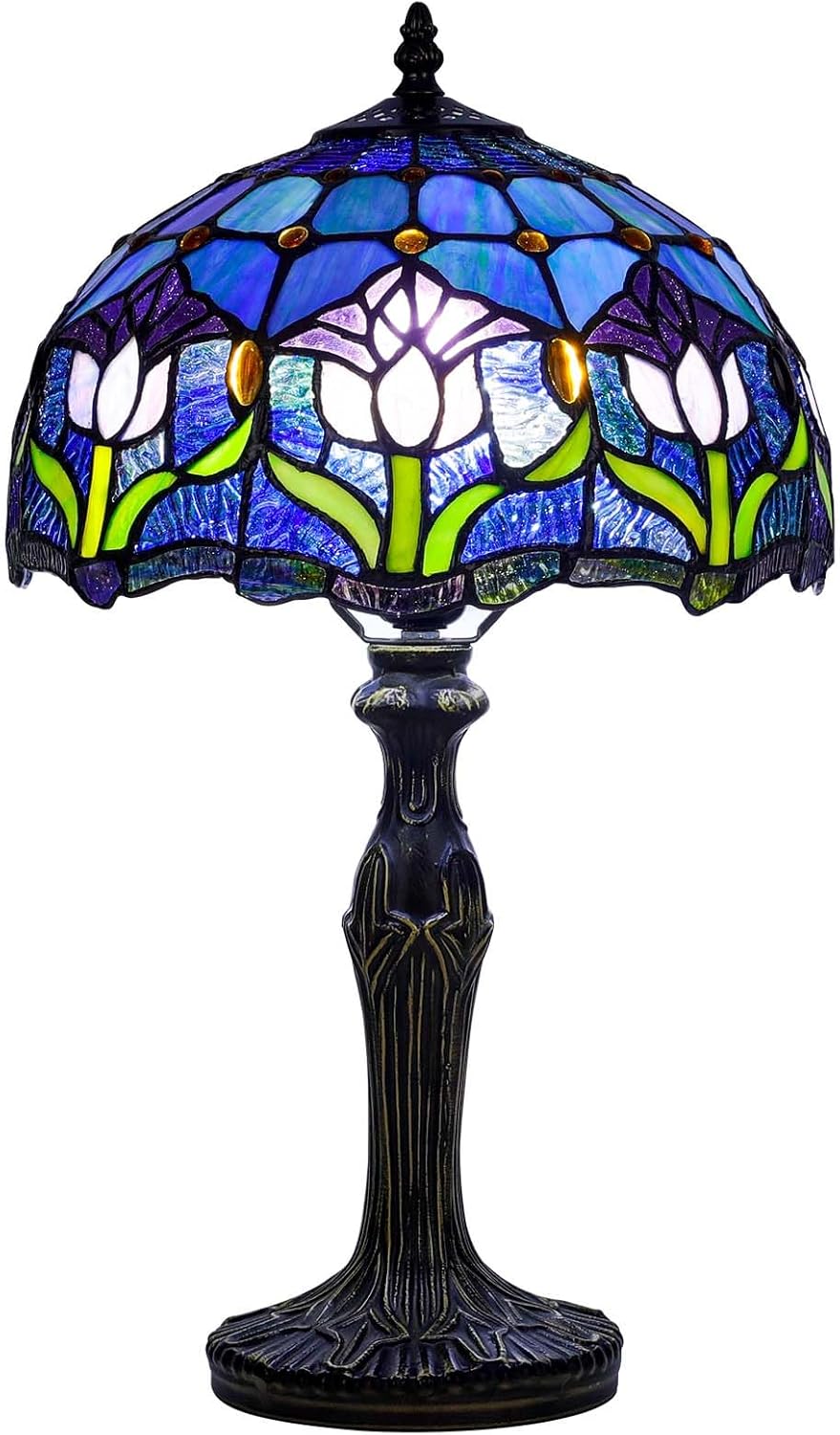 Stained Glass Table Lamp, Purple Tulip Flower Style Lampshade Reading Light 12X12X22 Inches, Adjustable 3 Color Temperature Decor for Bedroom Living Room