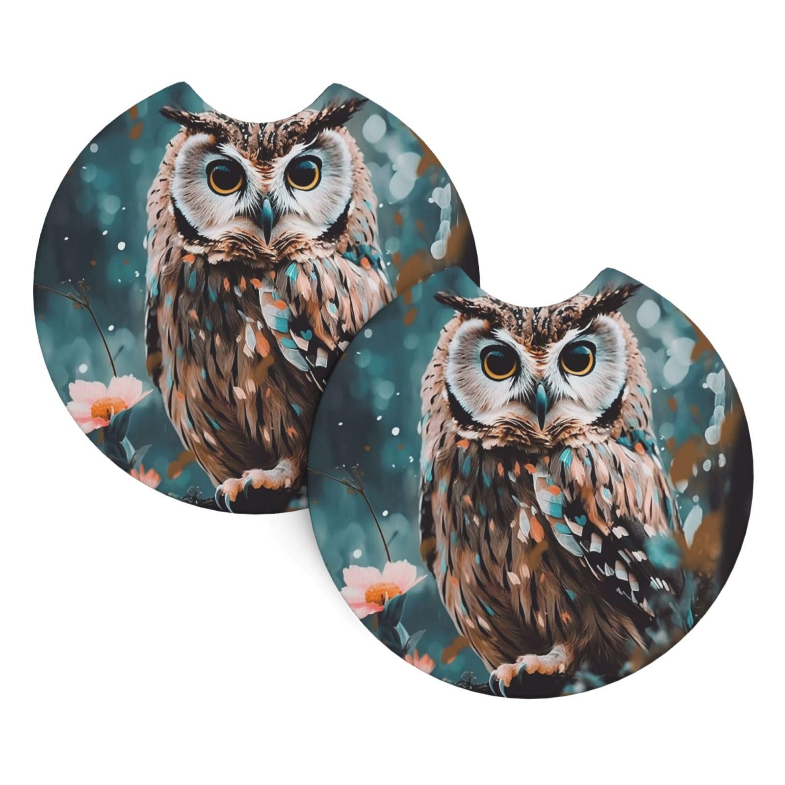 2PCS Car Coaster for Cup Holders Universal Auto Cup Mat Animal Cute owl Cup Coaster Pad 2.7" Waterproof Neoprene Non-Slip Cup Holder Coasters Car Interior Accessories for Women Men