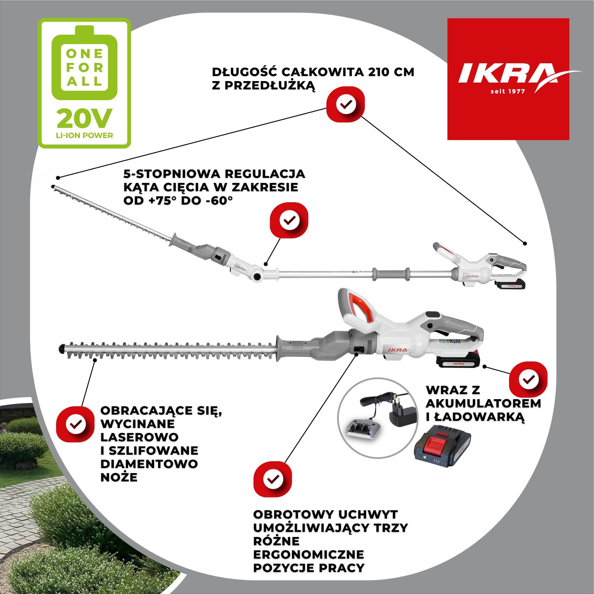 IKRA Nożyce akumulatorowe do żywopłotu 2w1 ICPH 2050 z teleskopem | W zestawie akumulator 20V 2Ah, ładowarka i pas naramienny, 2w1: szybka zmiana na teleskopowe nożyce, system IKRA 20V
