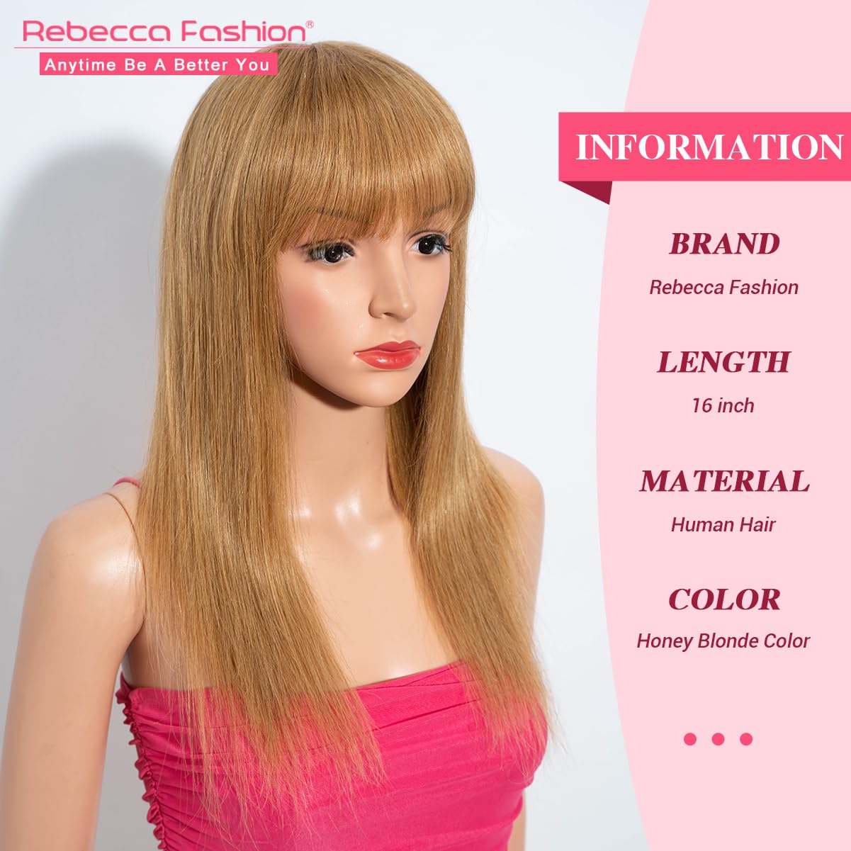 Rebecca Fashion 16 Inch Honey Blonde Straight Wigs with Bangs Human Hair Wigs for Black Women None Lace Front Wigs 10A Brazilian Virgin Hair Glueless Machine Made Wig - Image 2