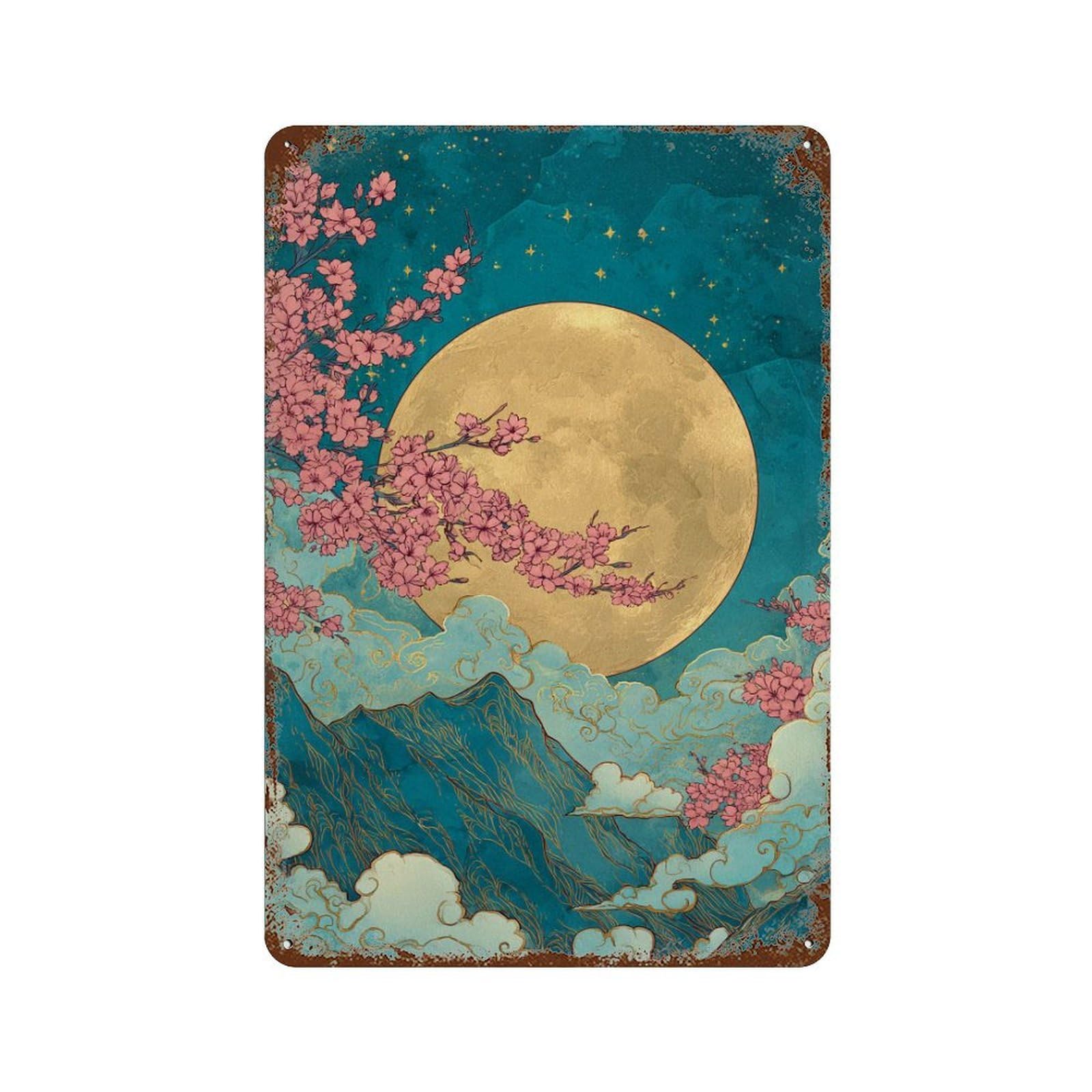 Cherry Blossom Moon Night Weathered Tin Sign 11.8"x7.9", Rustic Home Decor for Garage, Bar And Workshop Decor