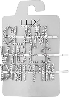 LUX ACCESSORIES Glam Vibes DRIPPIN Word Rhinestones Silver Hair Pins Set of 3