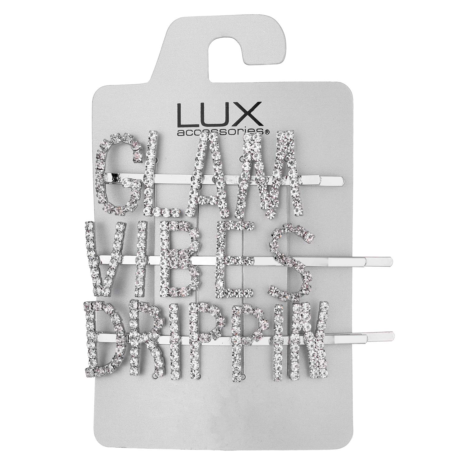 Lux Accessories GLAM VIBES DRIPPIN Word Rhinestones Silver Hair Pins Set of 3