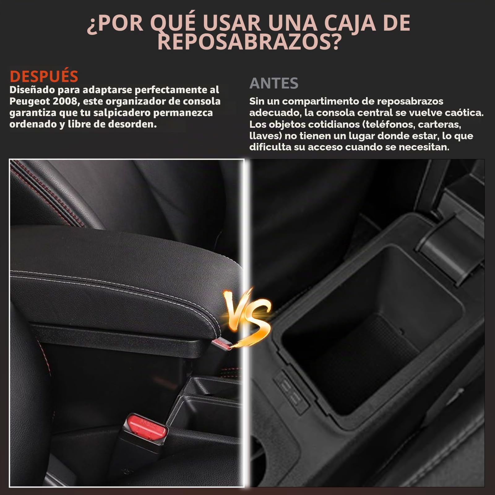 XUKEY Reposabrazos de Doble Capa de Cuero Negro con Consola Central, 2008, con Caja de Almacenamiento - Black with White Thread