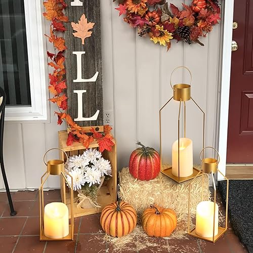 Miniatura 6 de NITIME 2 faroles decorativos de metal dorado de 1215 pulgadas (sin vidrio), faroles de metal dorado decorativos para exteriores con 2 velas LED