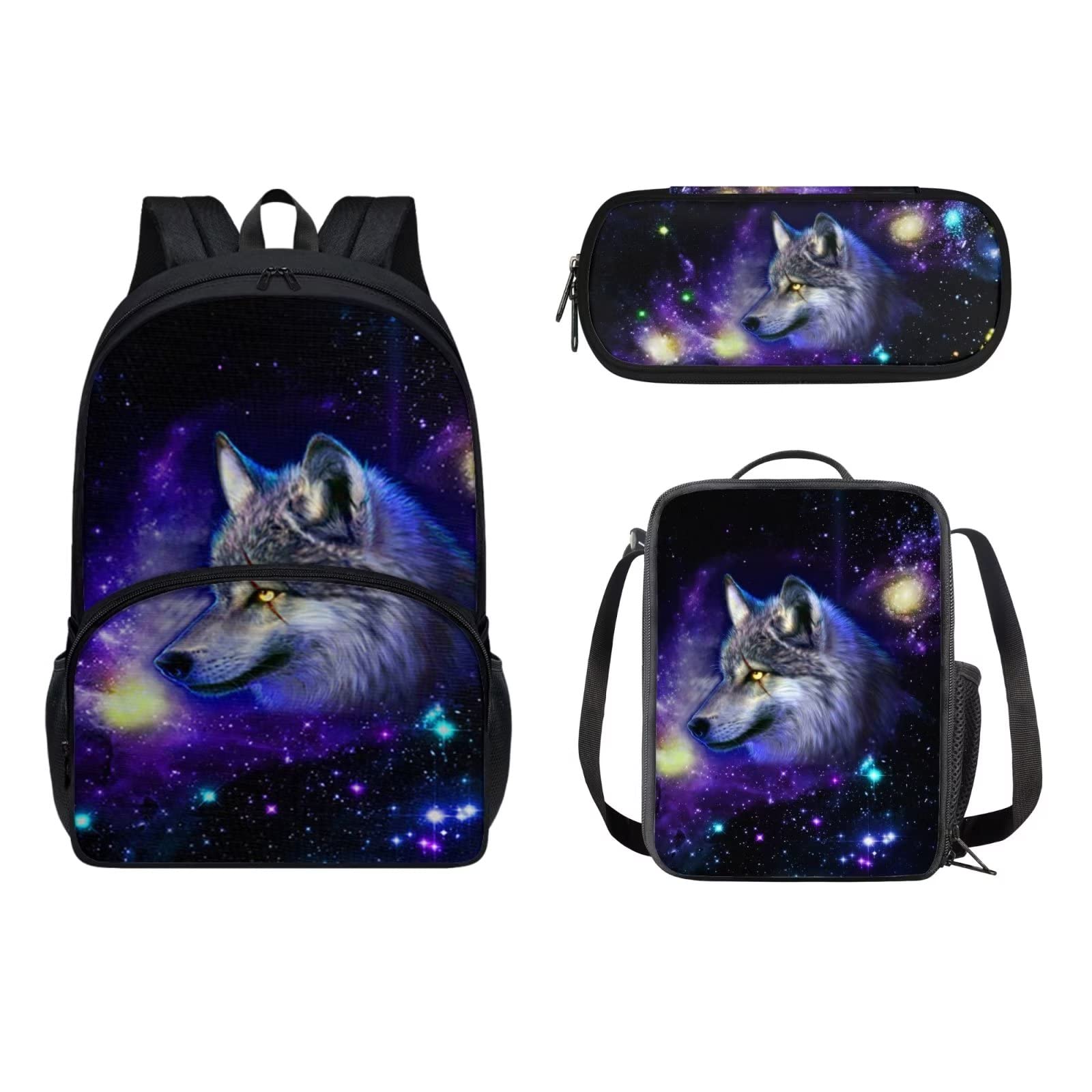 Dolyues Juego de bolsas escolares para niñas y niños, bolsa de libros de escuela primaria con bolsa de almuerzo y estuche para lápices, 3 piezas, Lobo Galaxia Púrpura, Mochila infantil