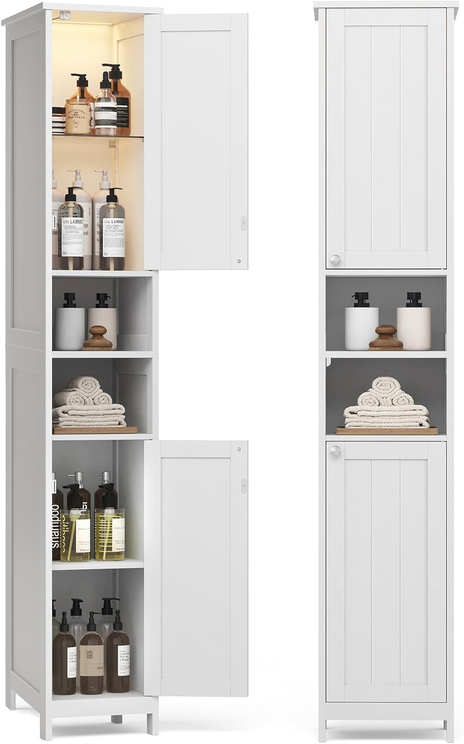 VASAGLE Badezimmerschrank mit Beleuchtung, hoch, schlanker Badschrank, Aufbewahrungsschrank mit verstellbaren Ablagen, offene Fächer, für kleine Räume, wolkenweiß BBC566W03