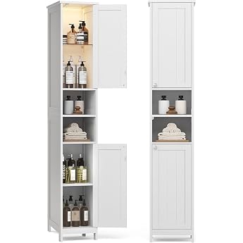 VASAGLE Illuminated Bathroom Cabinet, Tall, Slim Storage Cabinet with Adjustable Shelves, Open Compartments, for Small Spaces
