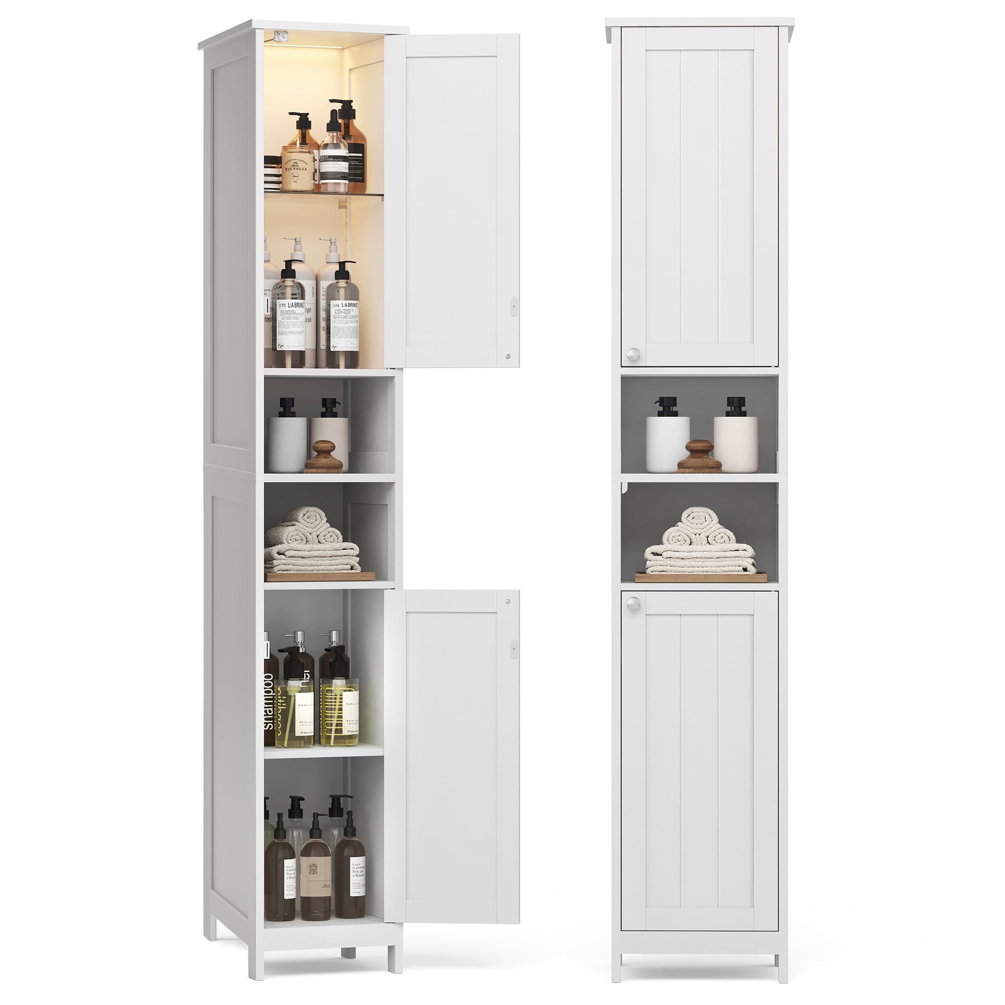 VASAGLE Badezimmerschrank mit Beleuchtung, hoch, schlanker Badschrank, Aufbewahrungsschrank mit verstellbaren Ablagen, offene Fächer, für kleine Räume, wolkenweiß BBC566W03