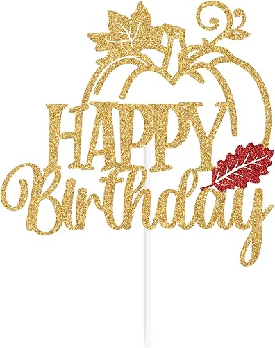 Miniatura 7 de Decoración de calabaza dorada con purpurina para pastel de cumpleaños, decoración de fiesta de cumpleaños con temática de calabaza, otoño y hojas de