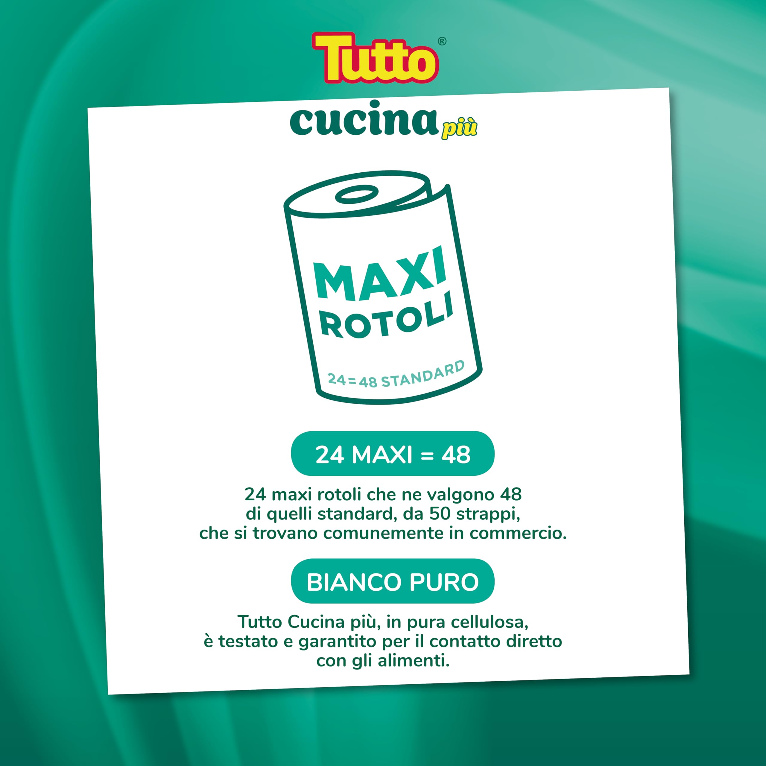 Asciugatutto TUTTO CUCINA PIU’, 24 Rotoli, Adatto a Tutte le Superfici, Carta Super Assorbente e Resistente, Tecnologia HI-PER, Made in Italy, 821706