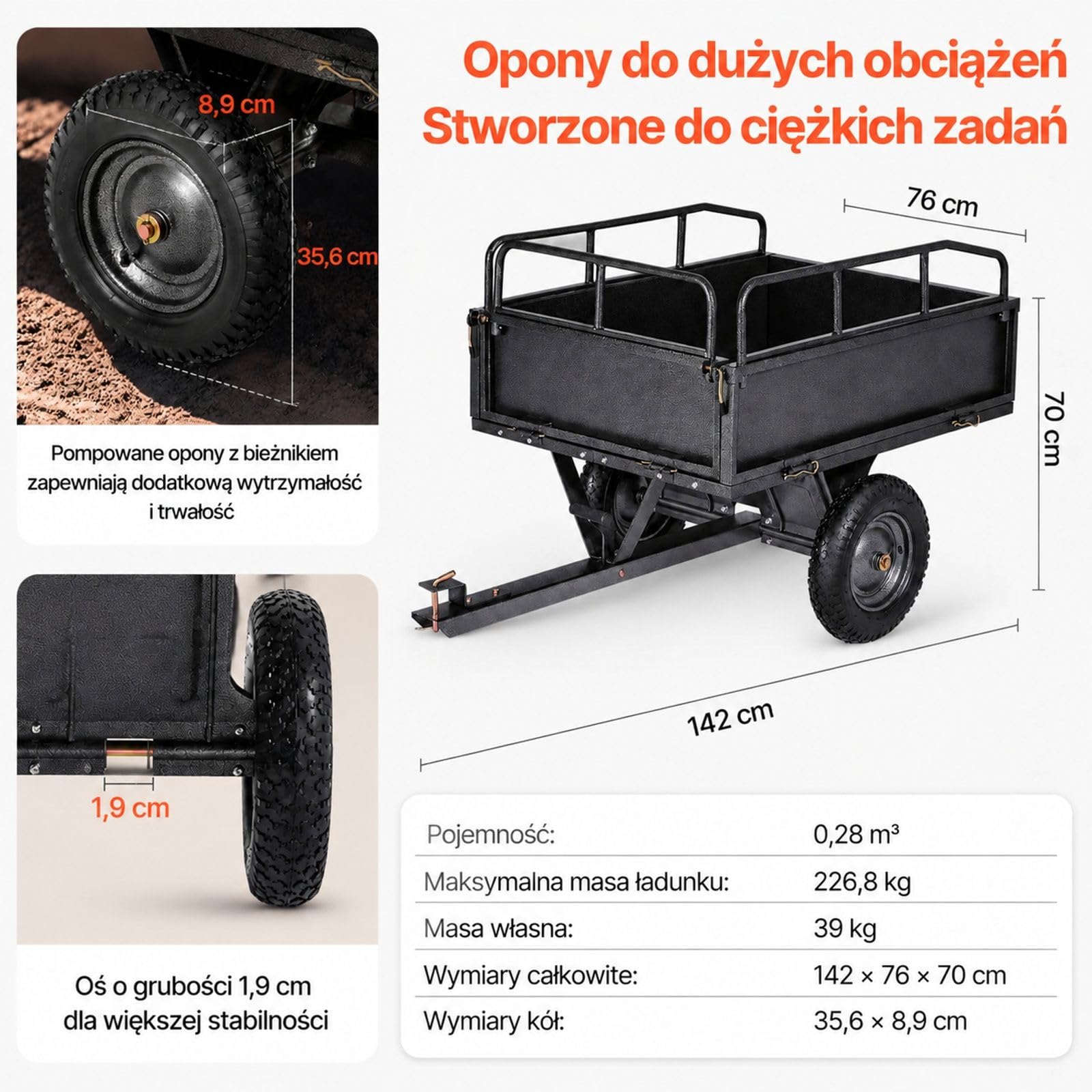 Przyczepa wywrotka 500 lb / 226,79 kg, czarny wózek ogrodowy z pedałem nożnym i uchwytem do ATV, UTV, kosiarki oraz traktora
