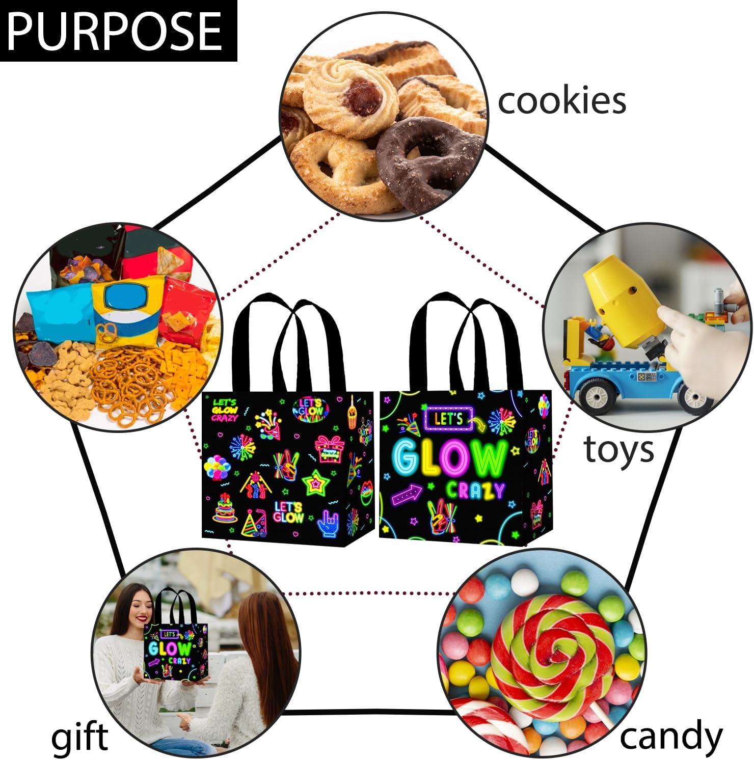 Glow Neon Party Favor Bags 12PCS Glow In the Dark Birthday Party Supplies Non-woven Neon Theme Treat Bags Neon Birthday Gift Candy Bag for Let's Glow Crazy Decor - Image 5