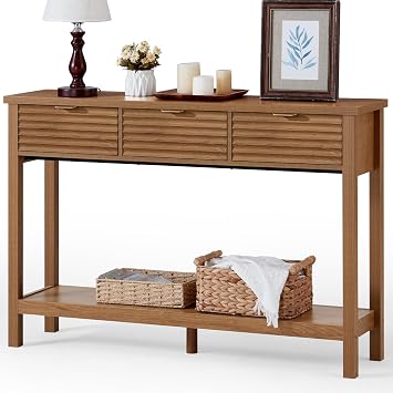 LEYAOYAO Fluted 47.2" Console Table with 3 Drawers, Modern Wood 2 Tier Entryway Table with Open Storage Shelf, Boho Sofa Entry Tables Behind Couch for Living Room, Hallway, Entrance Foyer, Tea Brown
