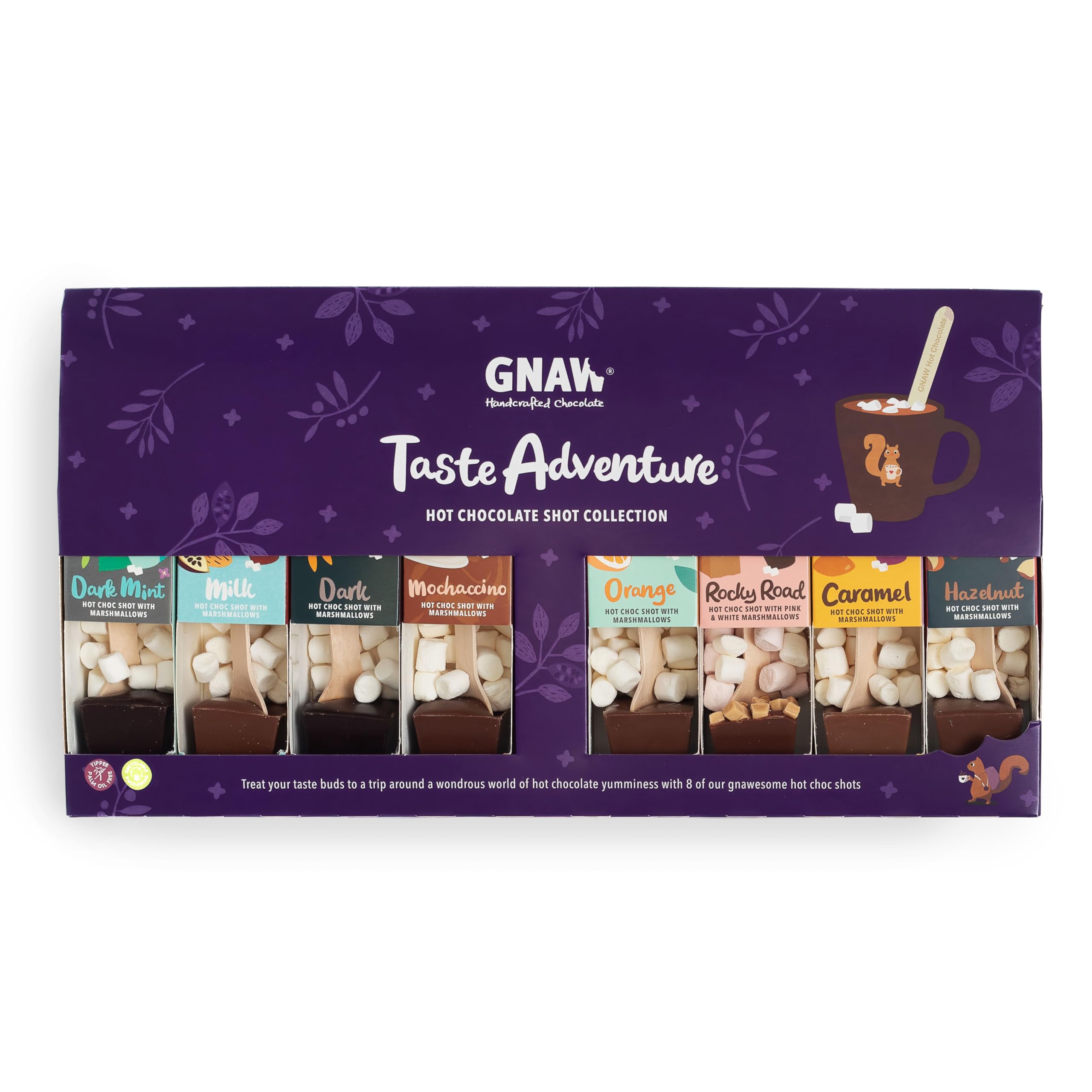 GnawTaste Adventure Hot Chocolate Gifts,Rich Hot Chocolate Gift Set, 8 Delicious Hot Chocolate Sets, Tasty Hot Chocolate Gift With A Range Of Hot Chocolate Stirrers, Hot Choc & Marshmallows Included