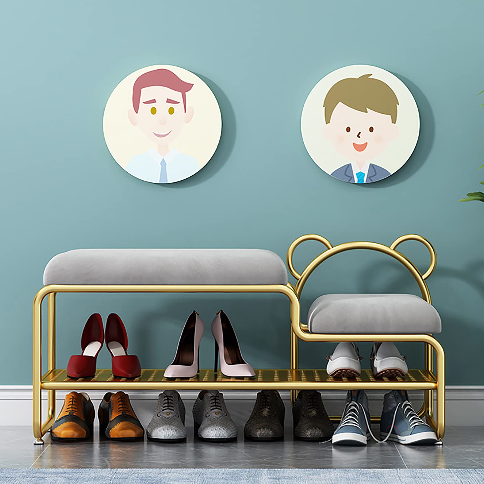 Rangement pour chaussures gris avec grand banc rembourré doux et stable