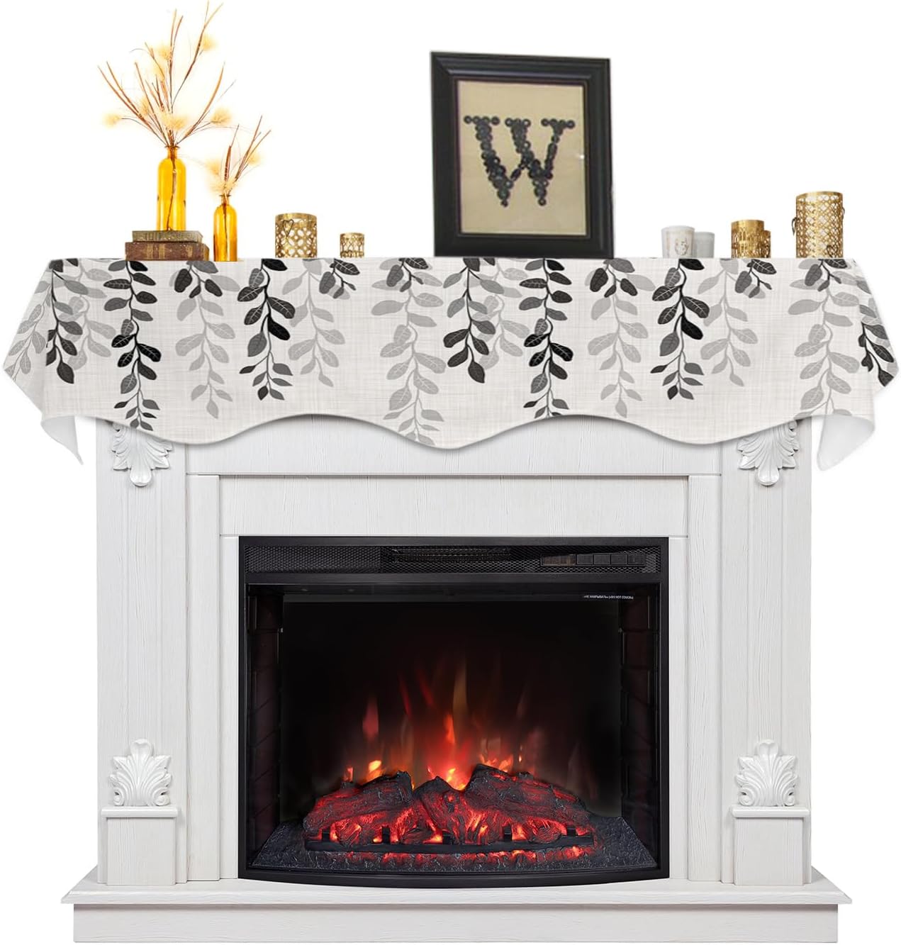 Plant Mantle Scarf 90 x 17 Inch, Dark Grey Leaves Gradient Linen Texture Fireplace Mantel Scarf Mantel Cover Runner for Home Living Room Indoor Holiday Party Decor
