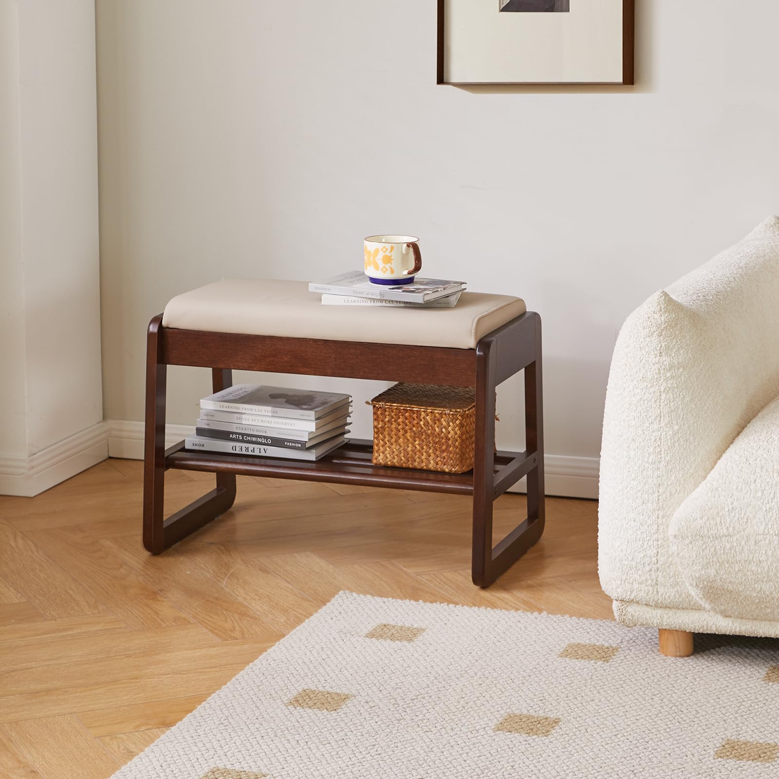Aibiju Banco Zapatero con Cojín, de Madera Maciza de 2 Niveles y Tapa Abatible, Zapatero de 60 cm para Entrada, Sala, Pasillo y Dormitorio, Color Nogal YD-WD060B