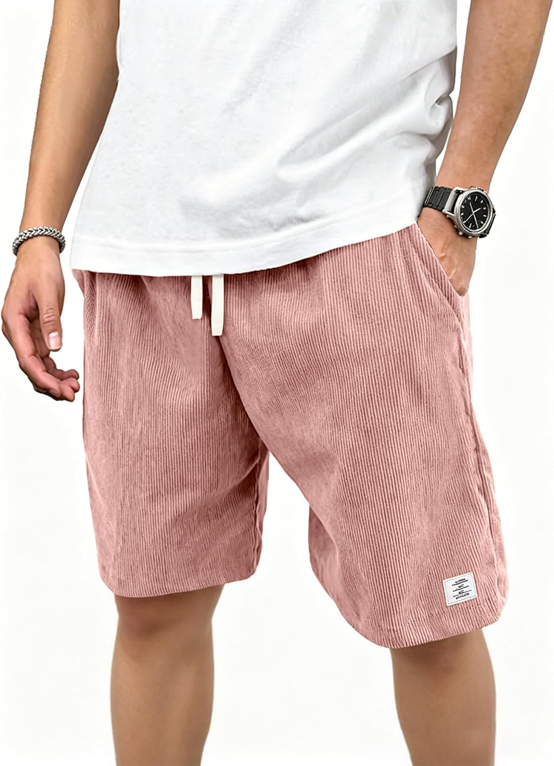 Mens Corduroy Shorts with Pockets,7 Inch Casual Elastic Waist Summer Beach Shorts with Drawstring