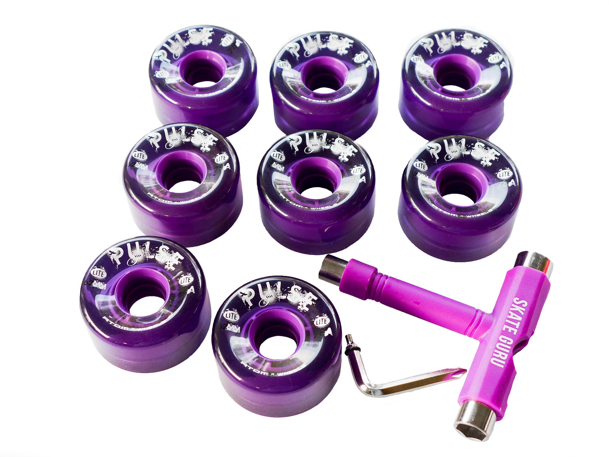 Atom Skates Outdoor Quad Roller Wheels / 8 Wheels Atom Pulse Lite 62x33 Purple Bundle with Tool — image 1
