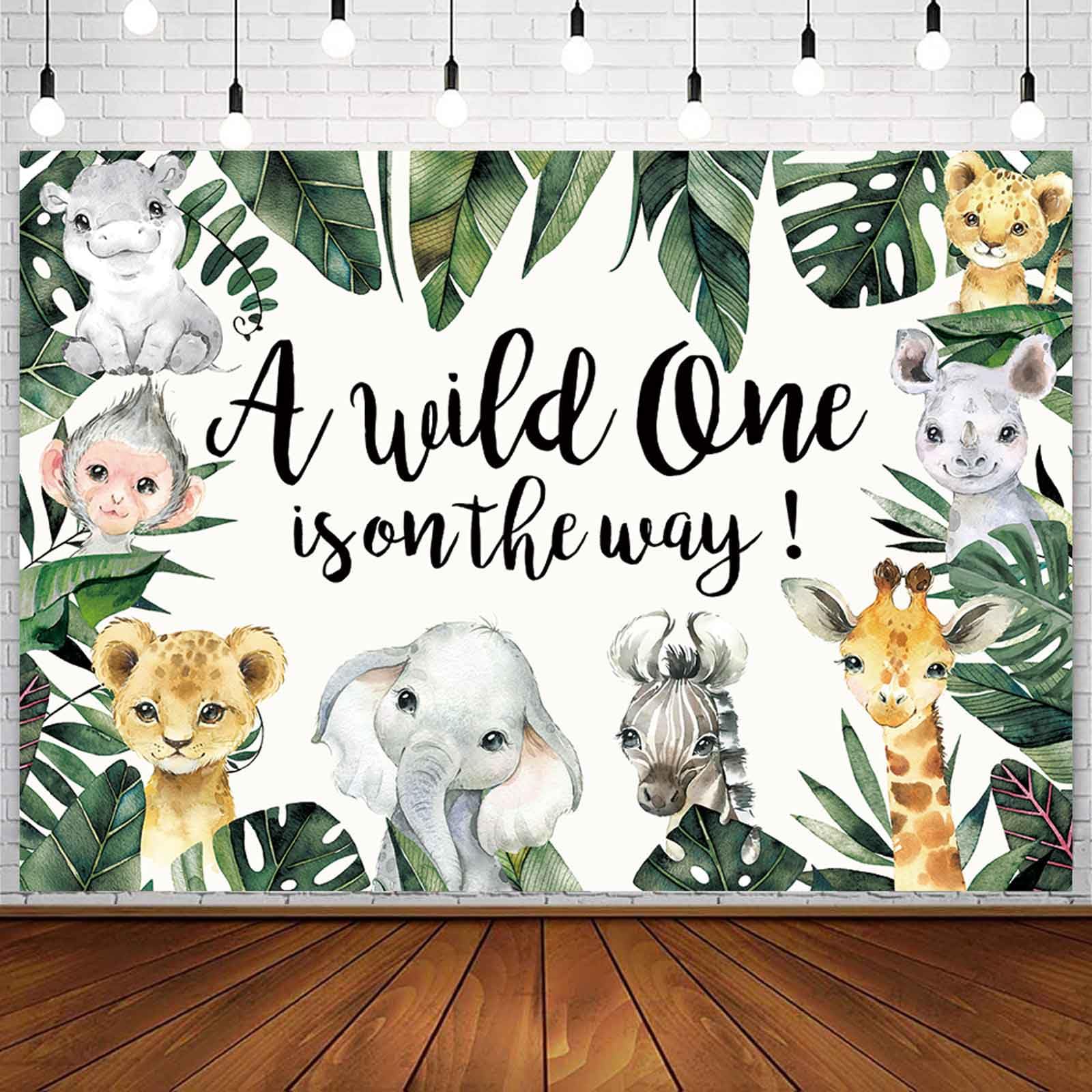 Ayayiya Wild One Baby Shower Backdrop - Jungle Safari Party Background Decorations, Tropical Greenery Zoo Animals, Boy Cake Table Photo Booth Banner
