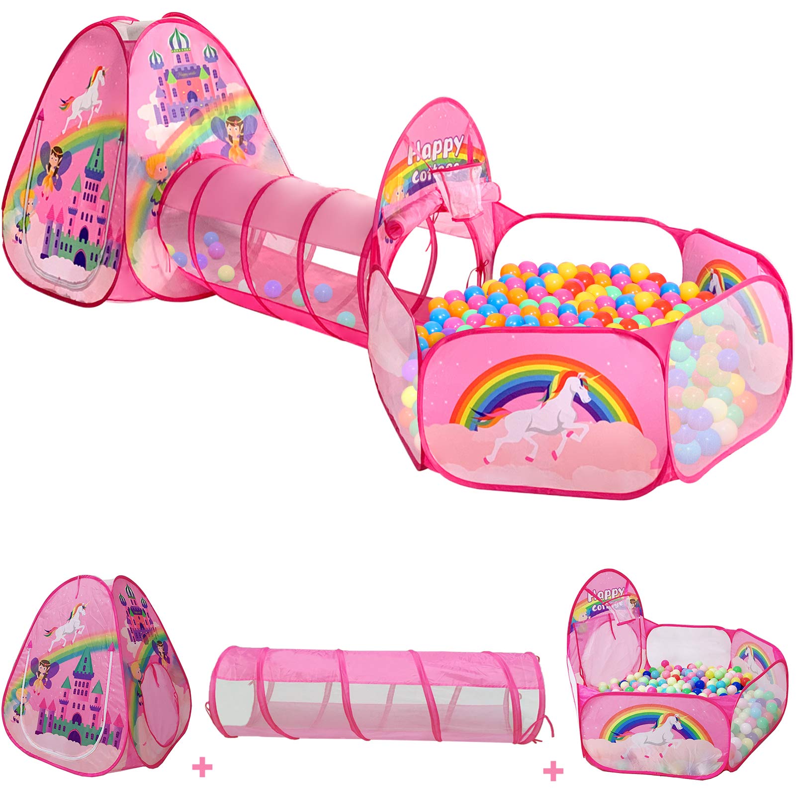 3pc Purple dot Kids Play Tents Crawl Tunnel and Ball Pit with Basketball Hoop Playhouse Tent for Gir