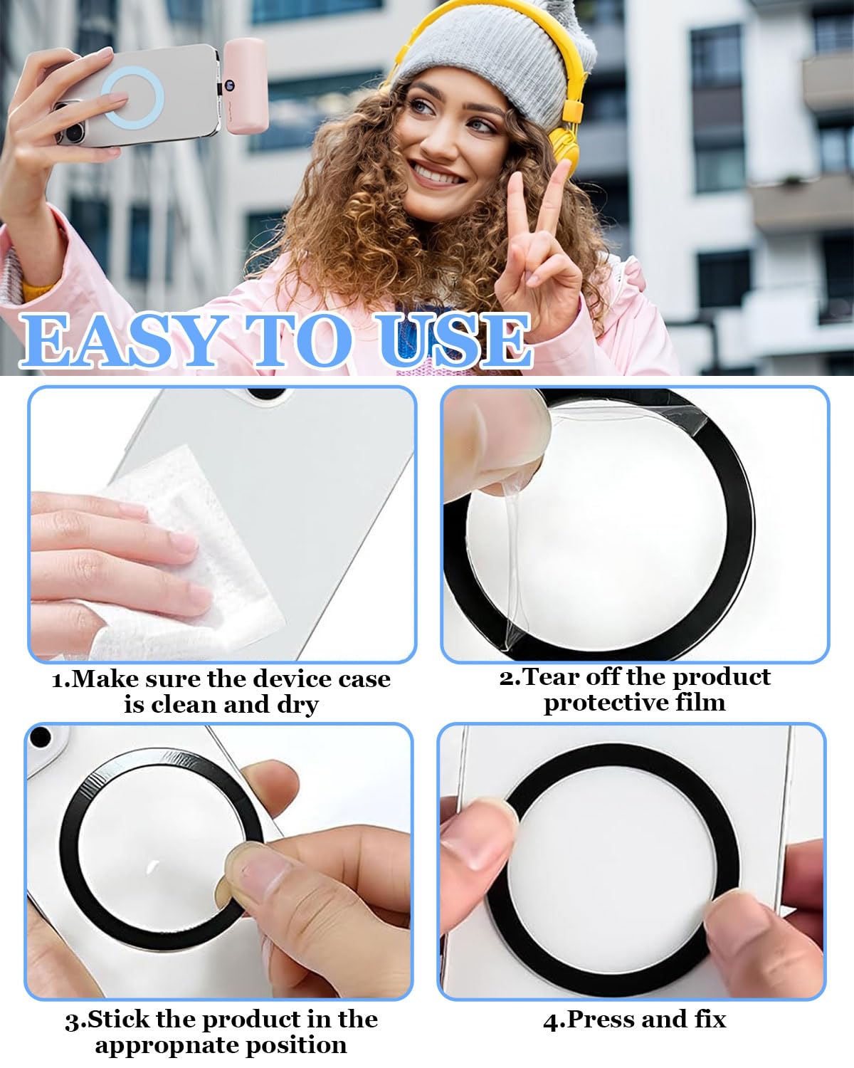 GRETY 4 Pezzi Adesivo Universale ad Anello in Metallo per Magnete ad Anello MagSafe, Compatibile con Caricabatterie Wireless per iPhone 17/16/15, Samsung, Android