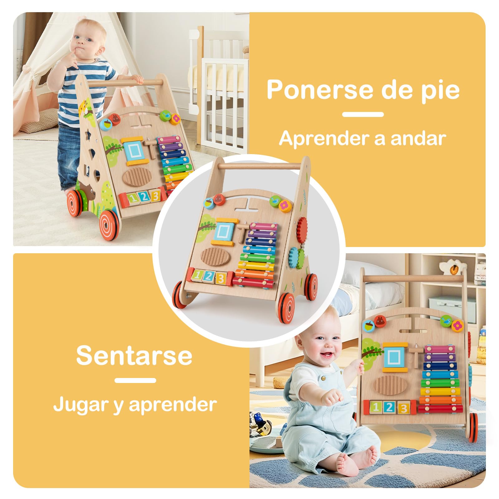 COSTWAY Andador para Bebé de Madera, Correpasillo de Empuje con Asa, Almacenaje y Ruedas, Juguete de Aprendizaje Montessori de Empuje y Tirón, Tacata de Sentado a de Pie para Niños de 3+ Años