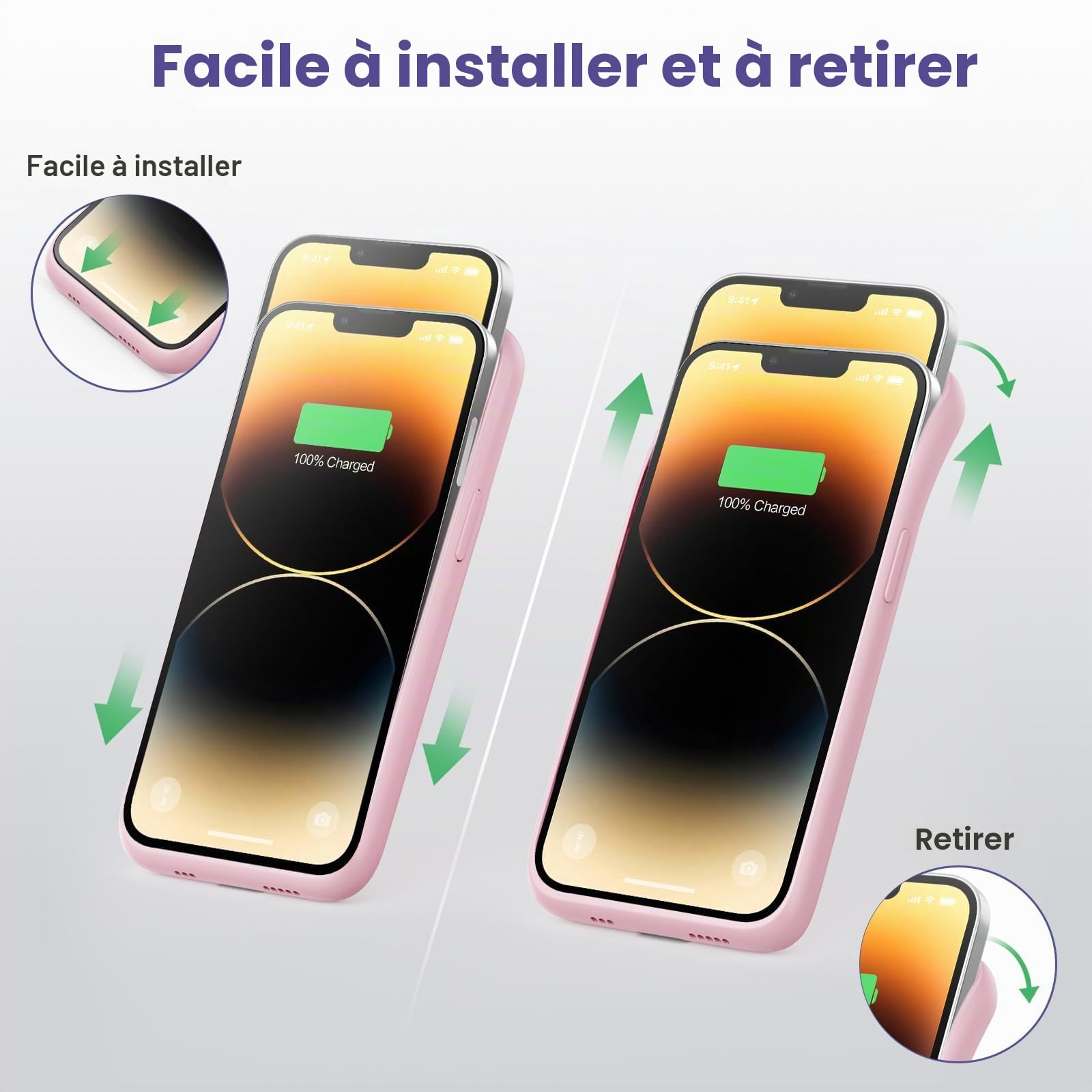 Coque Batterie pour iPhone 14/13 Pro/13 [7500mAh] - Chargeur Portable Rechargeable, Boitier d'Extension avec Verre Trempé - Étui Puissant pour iPhone 14/13 Pro/13 - Rose