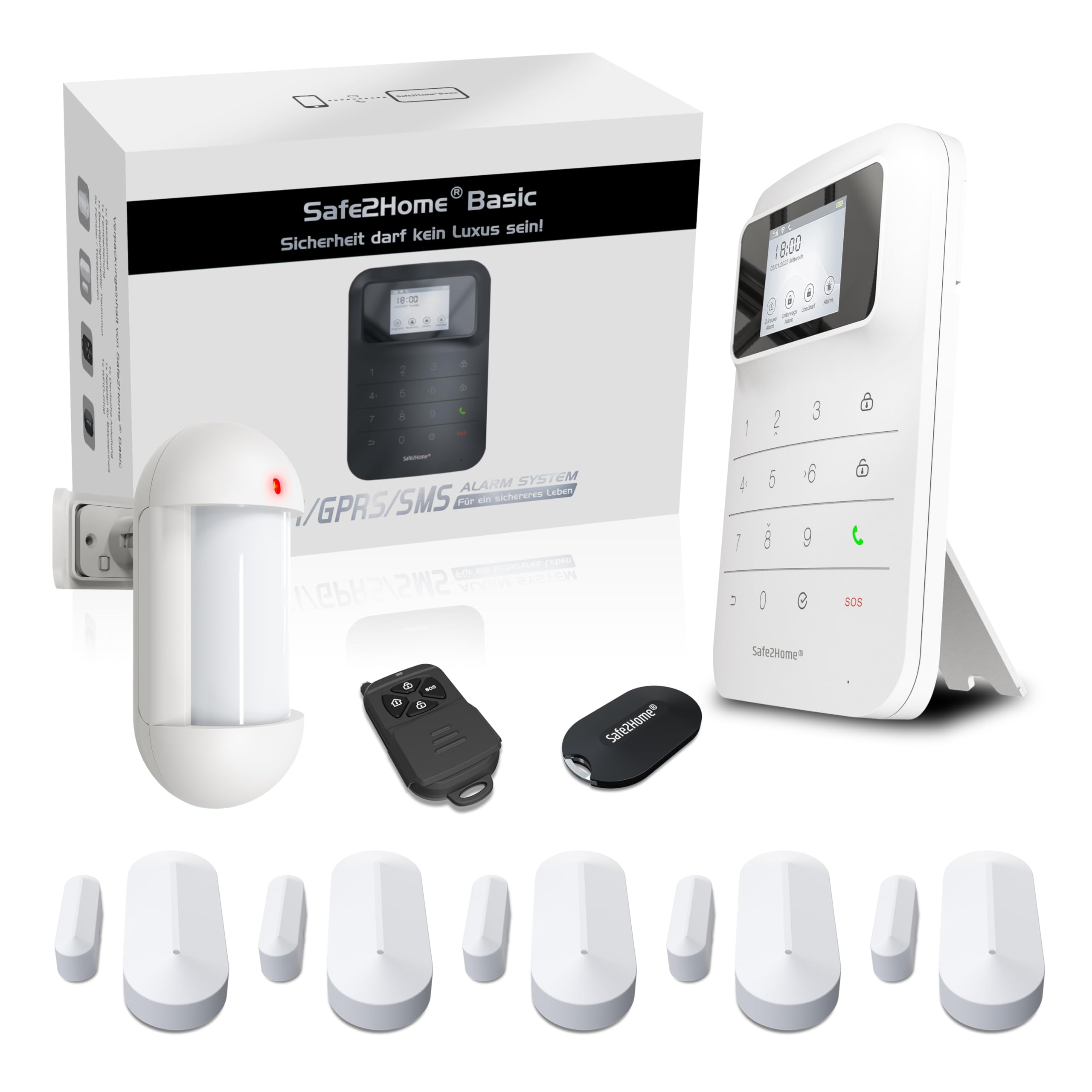 Safe2Home Basic Funk Alarmanlage in Weiß - WLAN & SMS Komplettsystem 2,4 & 5 GHz für Haus und Wohnung mit App Steuerung Anruf und SMS Alarmierung