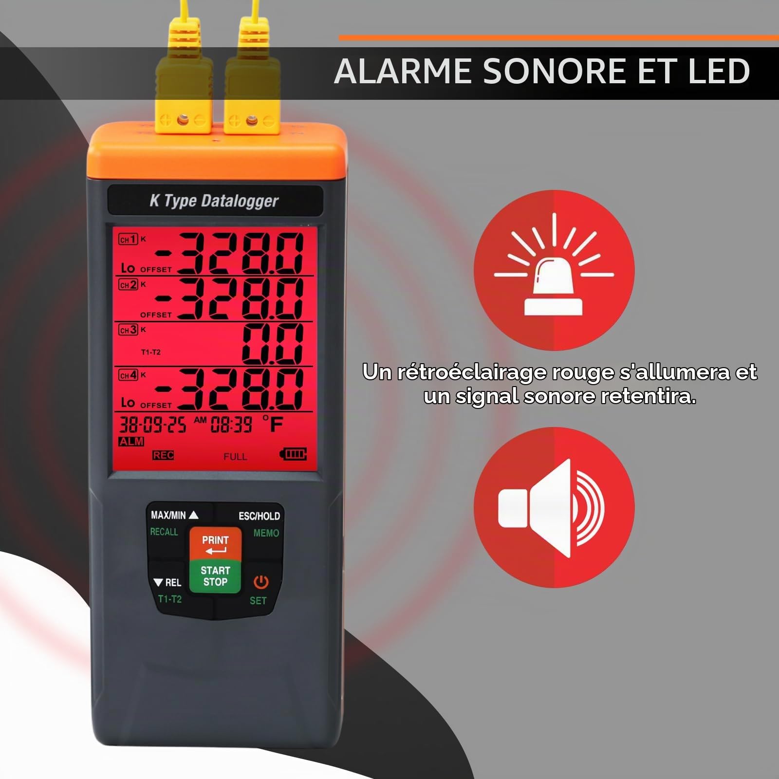 Thermomètre à Thermocouple Enregistreur de Température, 4 Canaux Type K avec 48 000 Enregistrements, Plage de Mesure -200~1370°C, Alarme Sonore & Visuelle, Date & Heure