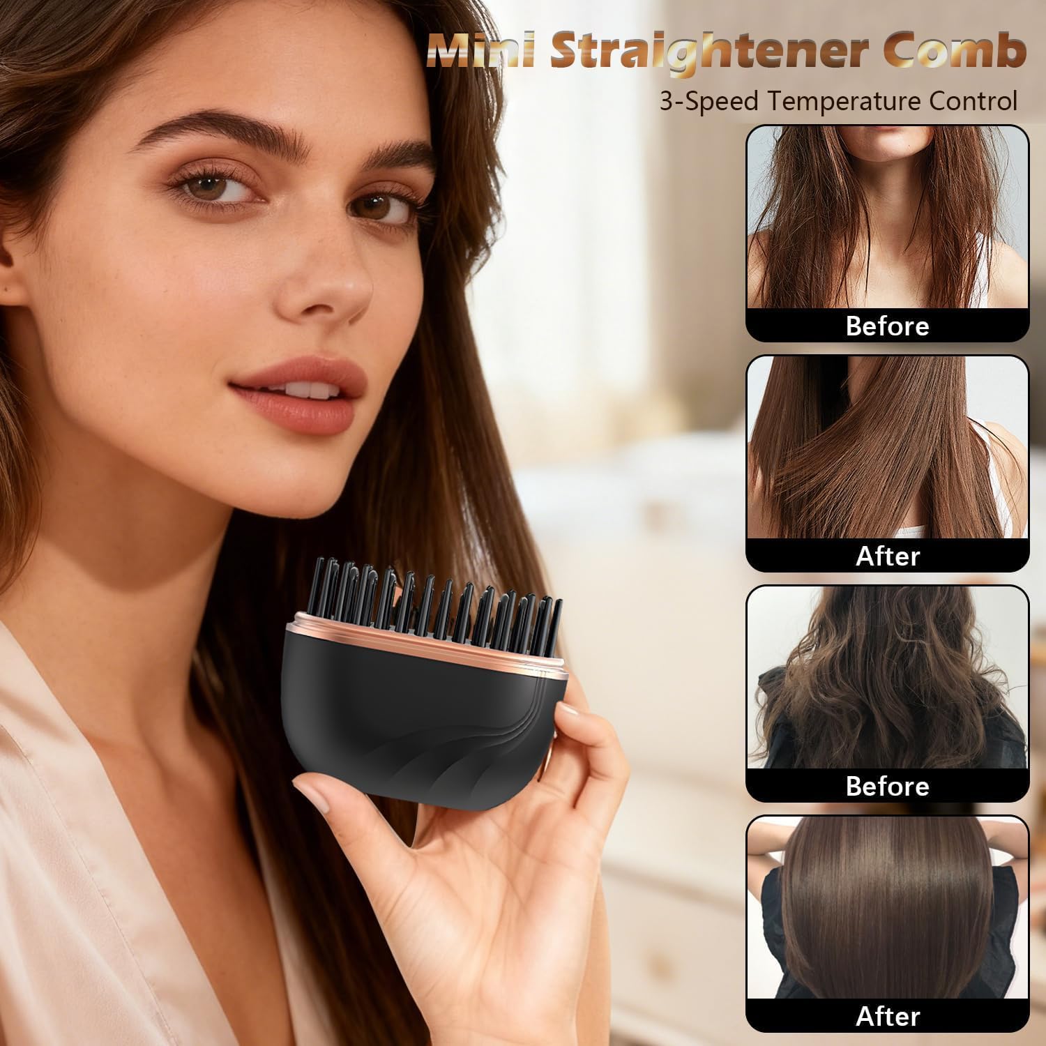 Mini Hair Straightener, Rechargeable Wireless Portable Hair Straightener Brush, 3-Speed Temperature Control & Fast Heating, Anti Scald Shell, Suitable for Home Travel (Black) - Image 5
