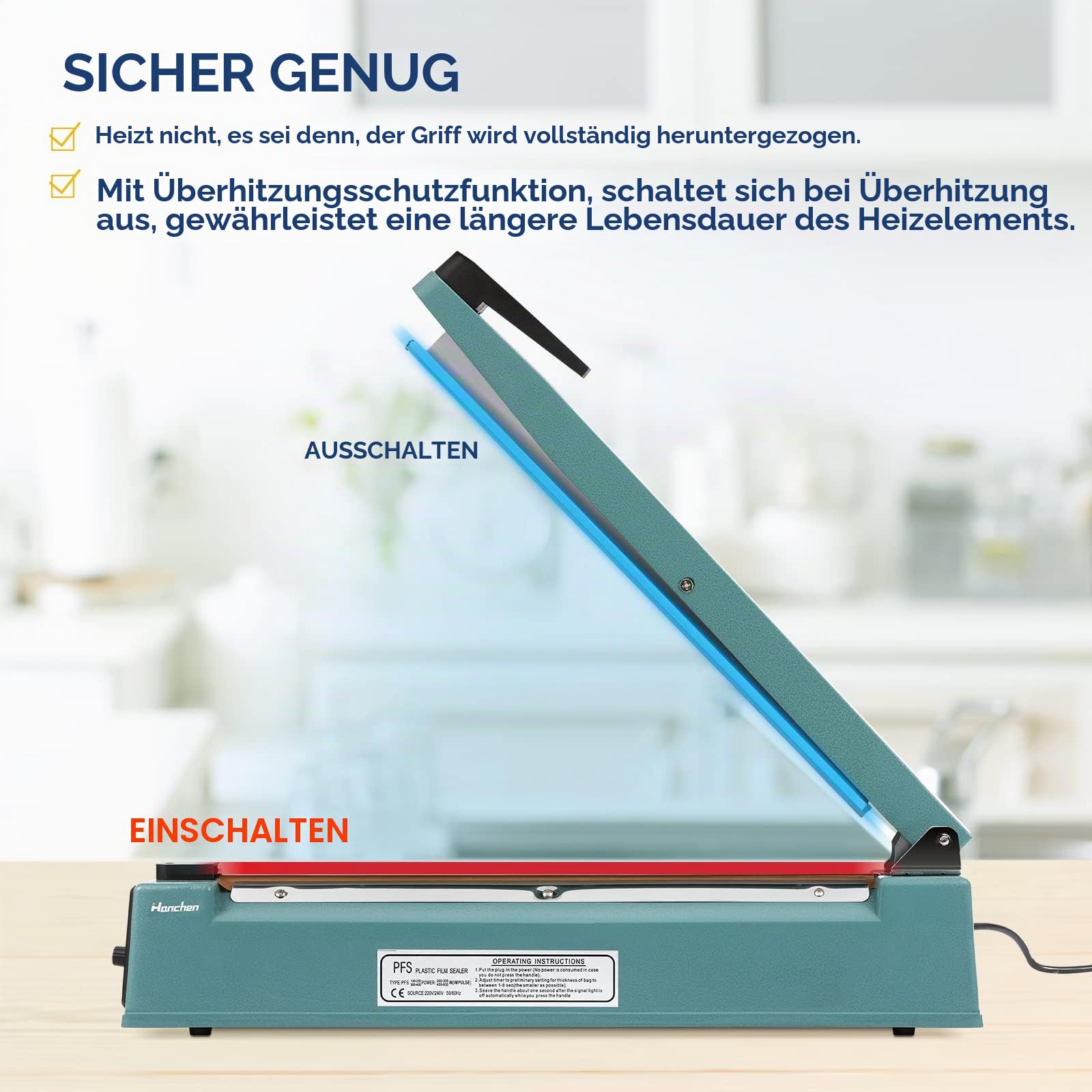 Hanchen Heißsiegelmaschine 500mm (19,7 Zoll) Impuls Schweißgerät Tragbare Folienschweißgerät Handdruckende Verpackungsgerät für PP/PE/PVC/Mylar/Kraft Papier