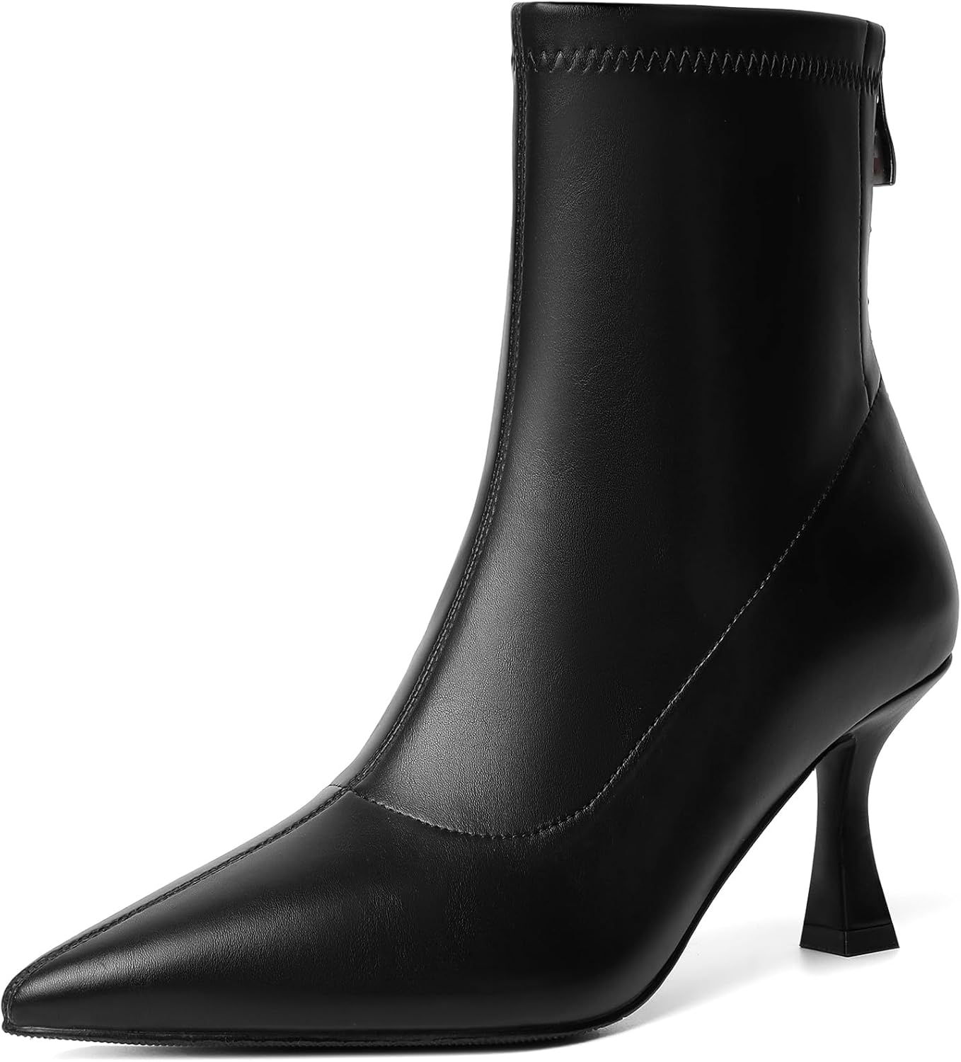 RIBONGZ Ankle Boots for Women Kitten Heeled Booties Back Zipper Pointed Toe Dressy Fur Mid Calf Short Stiletto High Heel Fashion Leather Suede Work Dress Shoes