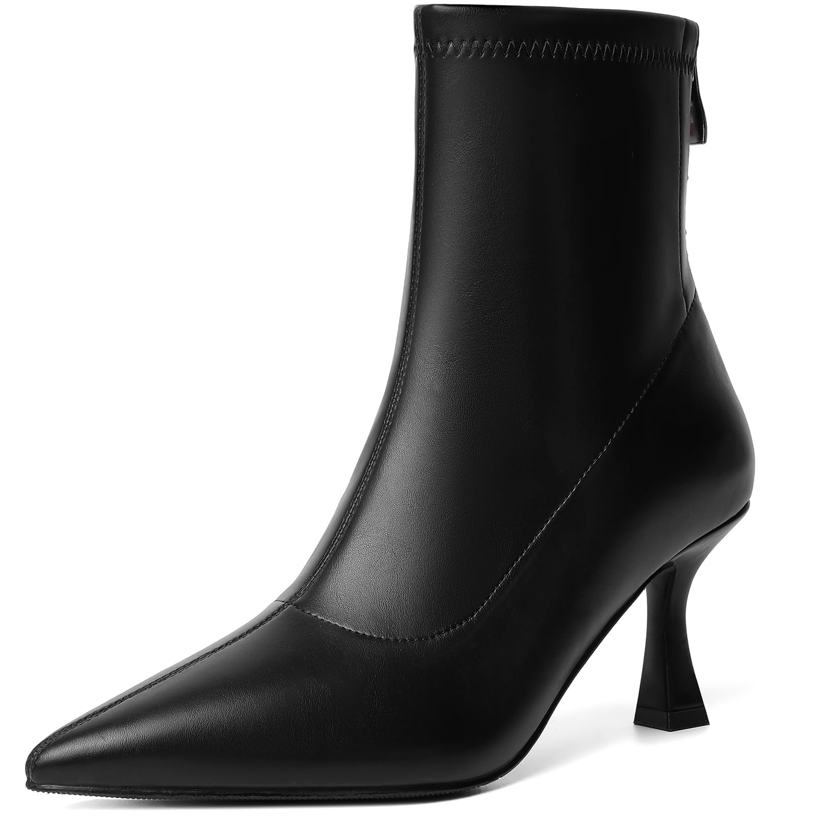 RIBONGZ Ankle Boots for Women Kitten Heeled Booties Back Zipper Pointed Toe Dressy Fur Mid Calf Short Stiletto