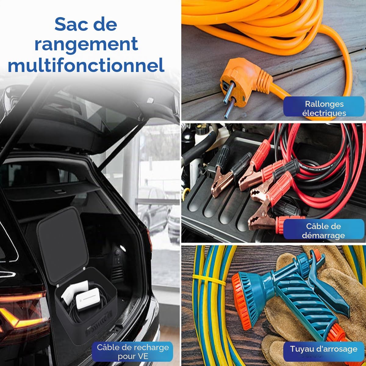 Sac de rangement EV portable en nylon 1680D Rangement robuste pour câbles de type 2/type 1 Idéal pour le coffre ou le garage