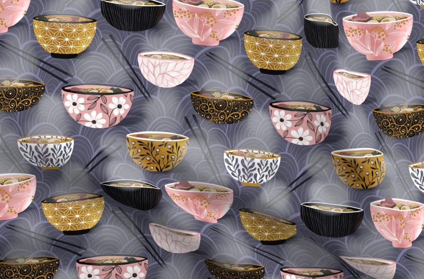 Spoonflower Fabric - Ramen Bowls China Japan Food Noodle Bowl Printed on Upholstery Velvet Fabric Fat Quarter - Upholstery Home Decor Bottomweight Apparel