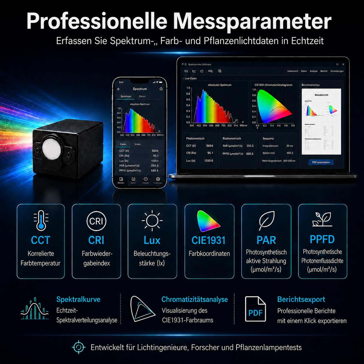 Espectrómetro de Mano para Medición de Luz, 340-1000nm Espectro Portátil-Medidor de Iluminación, Análisis en Tiempo Real de CCT-CRI-PAR-PPFD, Probador de Luz LED para Plantas con APP y Software para P