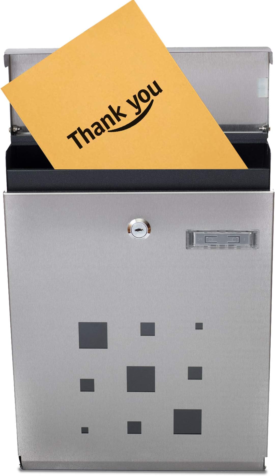 Modern Stainless Steel Mailbox - Vertical Wall Mount - Powder Coated Galvanized - Weather Proof - Lockable w/Spare Keys (Stainless Steel w/Black Trim)
