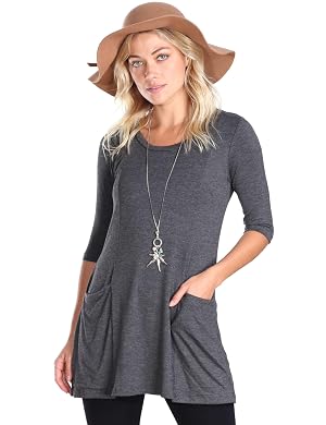 Popana Womens 3 4 Sleeve Tunic Top Scoop Neck Long Tunic Shirts to Wear with Leggings with Pockets