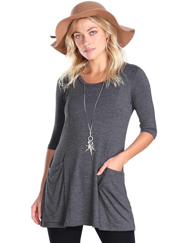 Popana Womens 3 4 Sleeve Tunic Top Scoop Neck Long Tunic Shirts to Wear with Leggings with Pockets