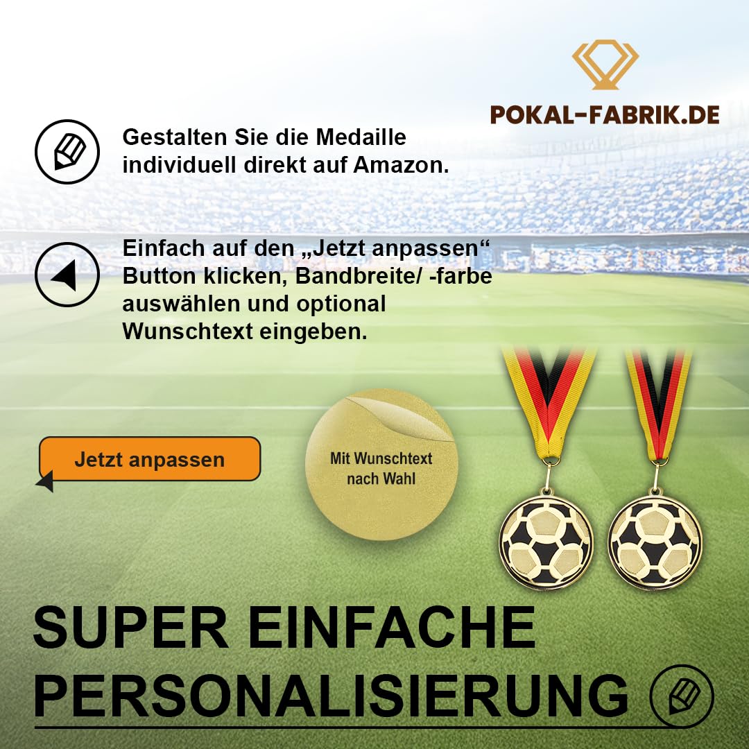 Fußball-Medaillen, Metall, Band nach Wahl | Personalisierter Orden mit optionaler Gravur/Wunschtext, für WM, Turniere, Vereine & Kindergeburtstag
