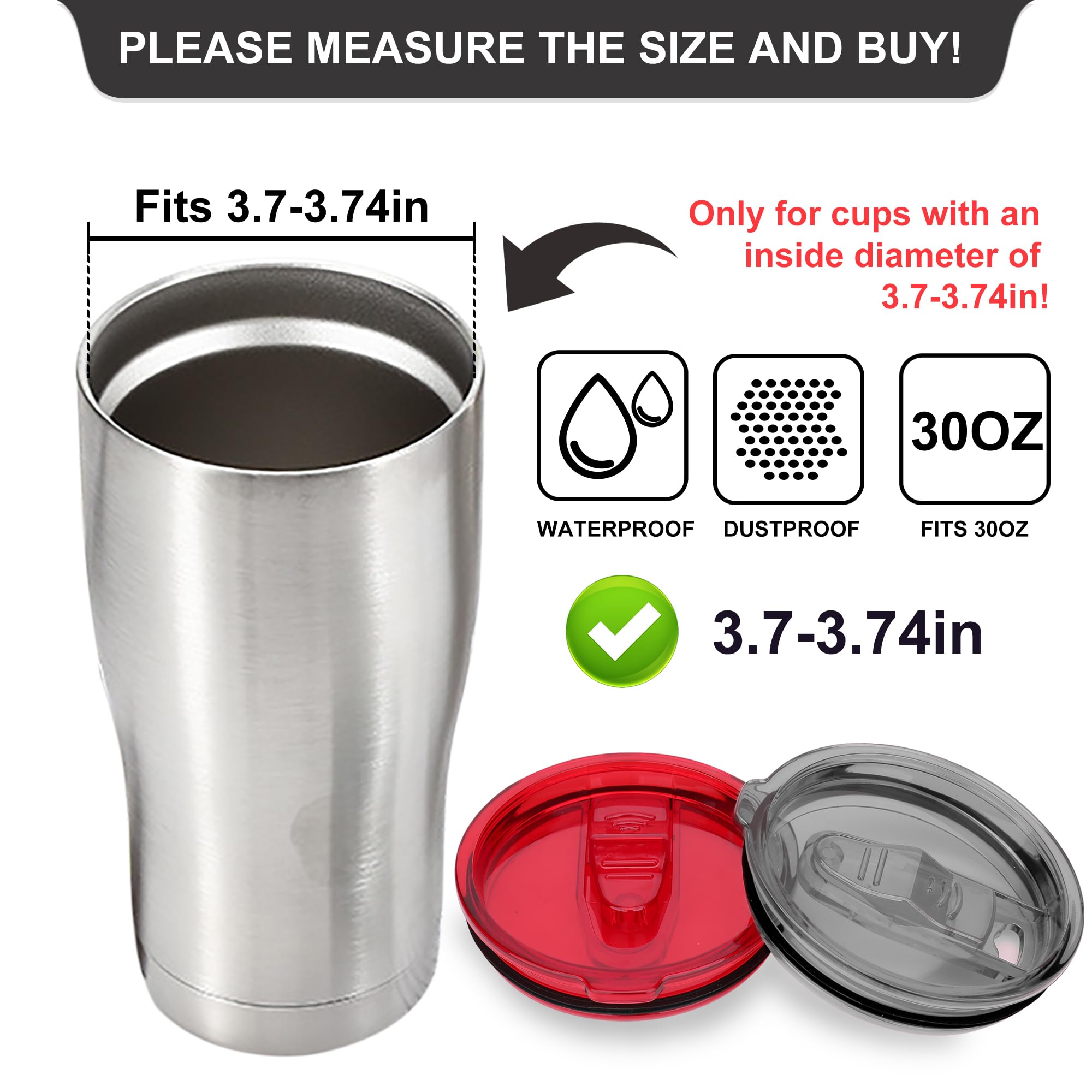 AICMEI 2 Replacement Lids for Stainless Steel Travel Cup Leak and Spill resistant Lid for 30 oz or Others of Insulated Mugs With an Inside Diameter of 3.7-3.74 Inches(Red Black) - Image 3