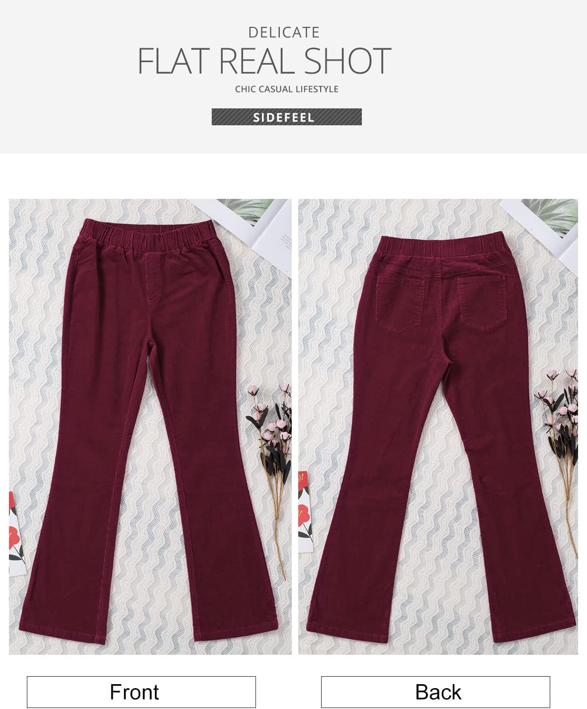 Sidefeel Women's Corduroy Flare Pants Elastic Waist Bell Bottom Trousers 2025 Fall Pants - Image 4