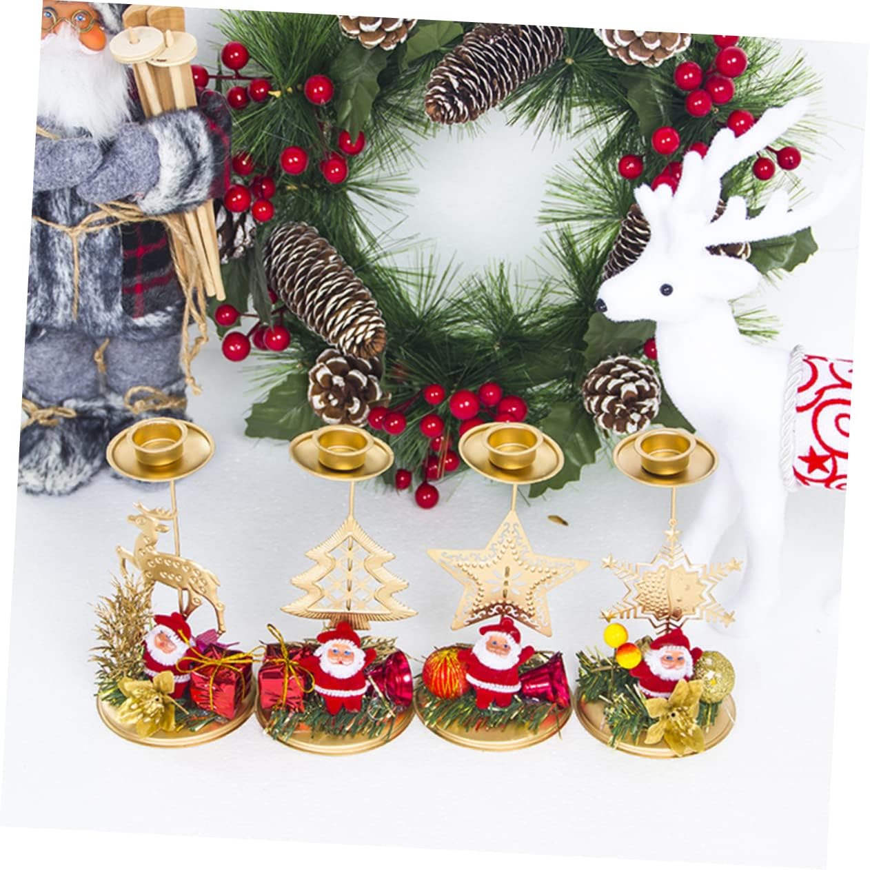 Garneck 4pcs Christmas Candlestick Snowflake Elk Decorative Candle Holders Xmas Home Decor Christmas Random Color