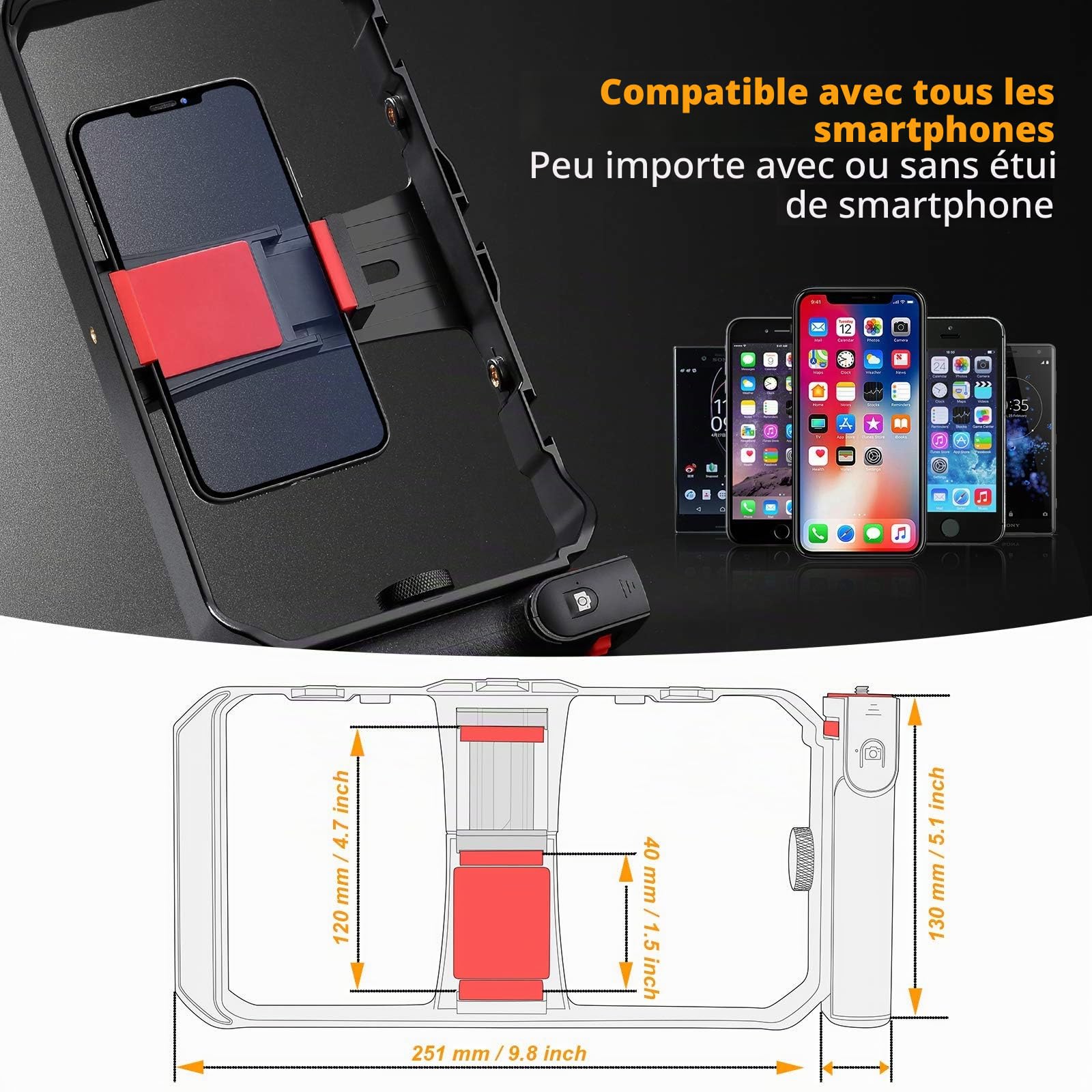 Zeadio Rig Vidéo pour Smartphone, Poignée Stabilisatrice avec Poignée Latérale Amovible,Cage d'Enregistrement Vidéo, Compatible avec Tous Les Smartphones, Vlogging, Réalisation et Streaming en Direct