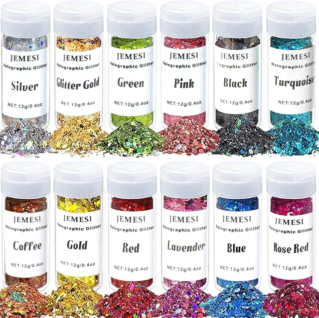 JEMESI 144g Holographic Chunky Glitter, 12 Colors Chunky Sequins Glitter Set, Cosmetic Craft Glitters Set for Resin, Face, Nail, Body, Crafts, Slime Festival Party Art and More-0.42 oz/Bottle
