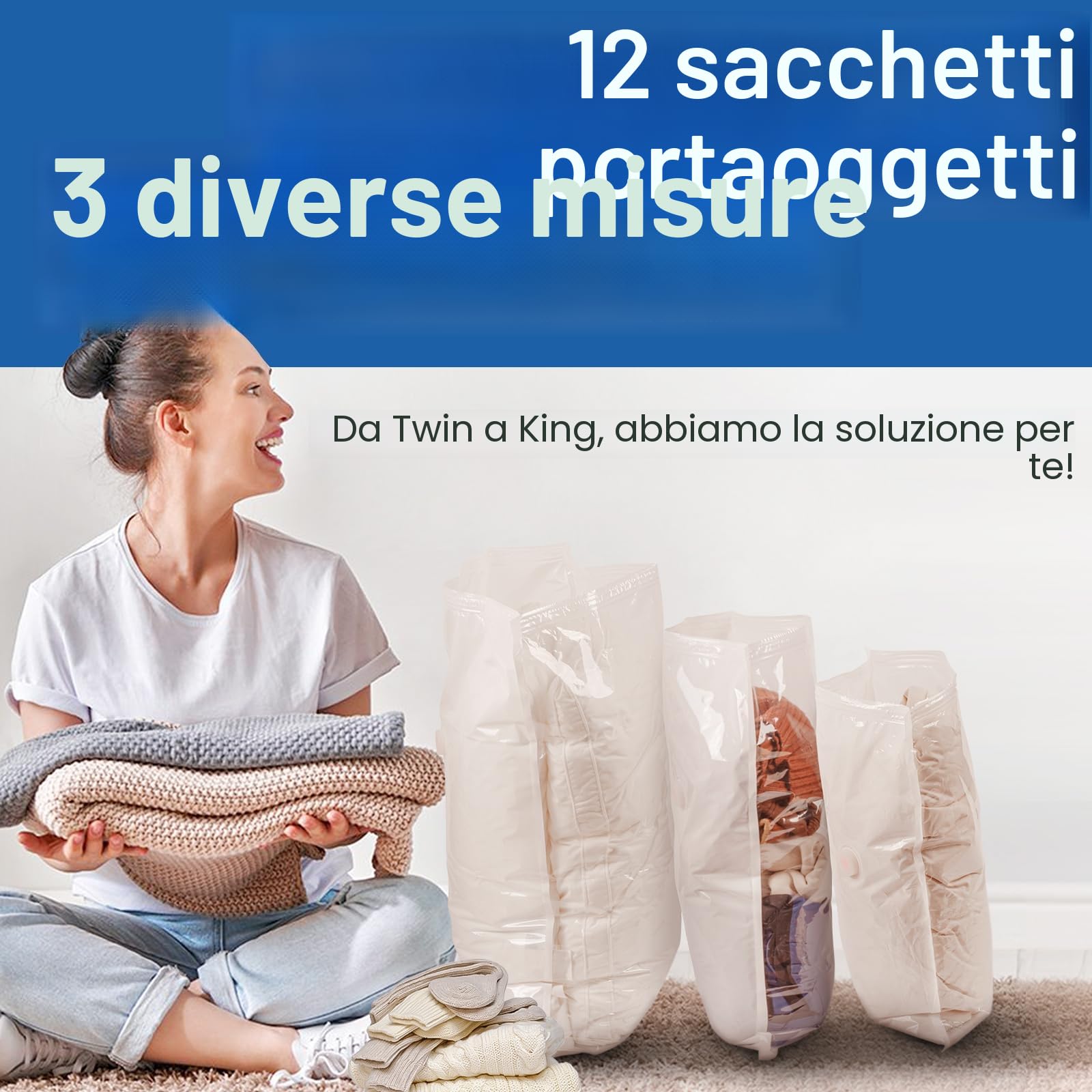 Vacbird Sacchetti Sottovuoto Vestiti con Pompa Elettrica, Confezione da 12 (4 Grandi, 4 Medi, 4 Piccoli), Sacchetti Salvaspazio per Vestiti, Coperte, Cuscini, Viaggi, Lenzuola, Giocattoli di Peluche